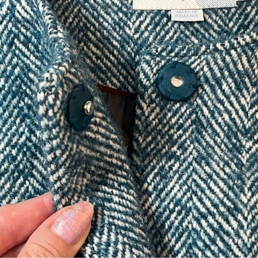 Boden Wool Alpaca Herringbone Coat Teal Blue Collarless Raglan Sleeve Size 8P - Picture 10 of 13